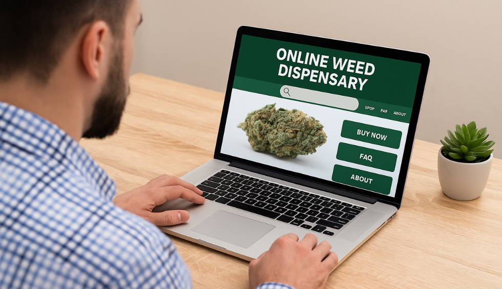 Man browsing an online weed dispensary website on a laptop with cannabis bud image on the screen