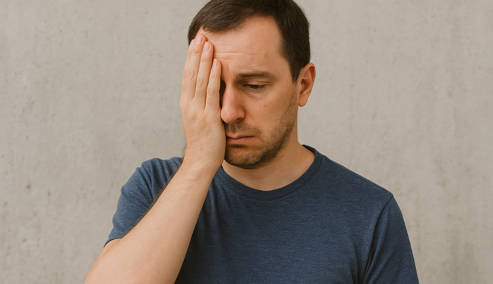 Man in a blue shirt covering one eye with his hand, looking down with a regretful and concerned expression