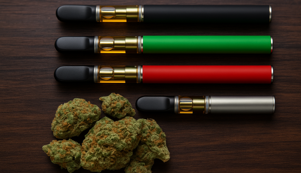 Four colorful weed vape pens and cannabis buds arranged on a dark wooden surface