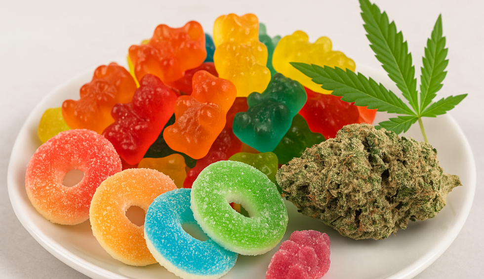 Plate of assorted colorful cannabis edible gummies, including gummy bears and sour rings, with marijuana buds and fresh cannabis leaf