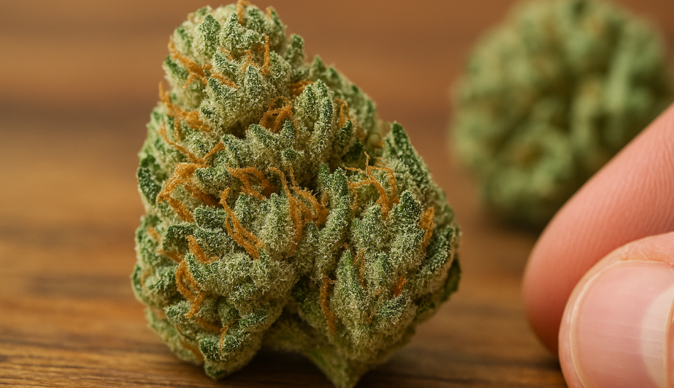 Macro shot of an Alien OG cannabis bud with dense green leaves, orange pistils, and frosty trichomes on a wooden surface