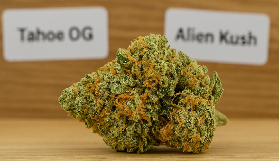 Alien OG cannabis bud with orange pistils and frosty trichomes, shown with Tahoe OG and Alien Kush parent labels