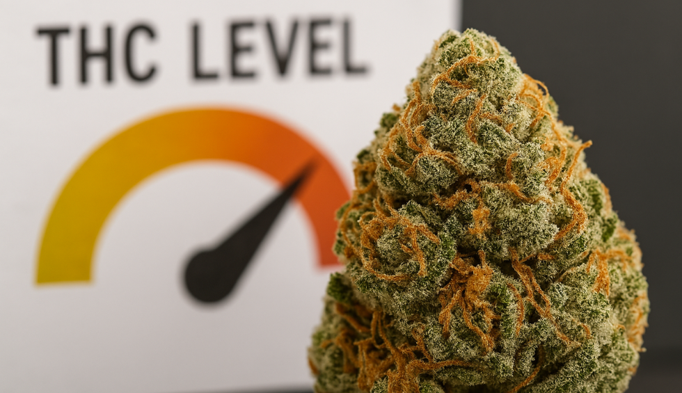 Alien OG cannabis bud in front of a THC level gauge, highlighting its high THC potency and dense trichomes