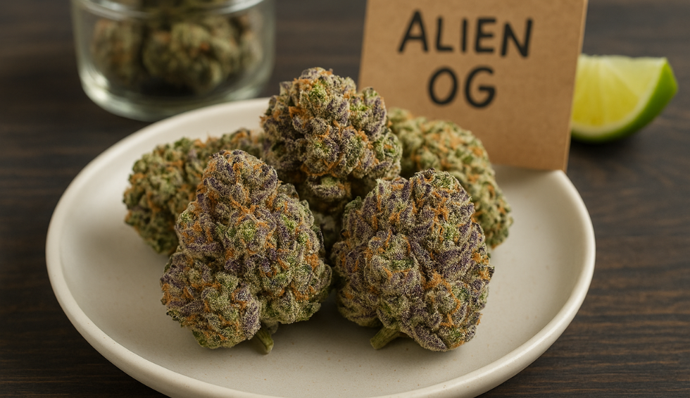 Alien OG cannabis buds with green, purple, and orange hues displayed on a white plate with a labeled sign