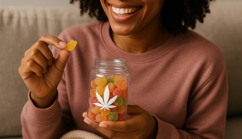 Smiling woman holding jar of colorful cannabis gummies and picking one to enjoy weed edible benefits