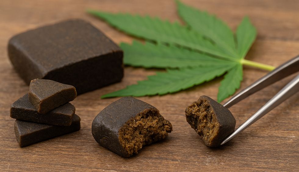 Rich brown cannabis hash pieces with green leaf on wooden surface for safe online concentrate orders in Canada