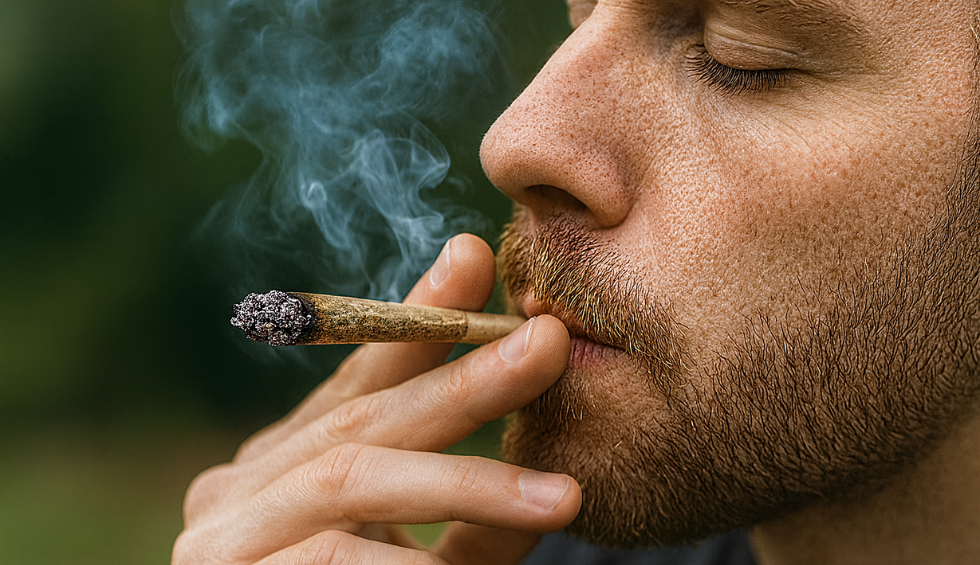 Man smoking a joint made with purple cannabis strain, savoring aroma and effects outdoors