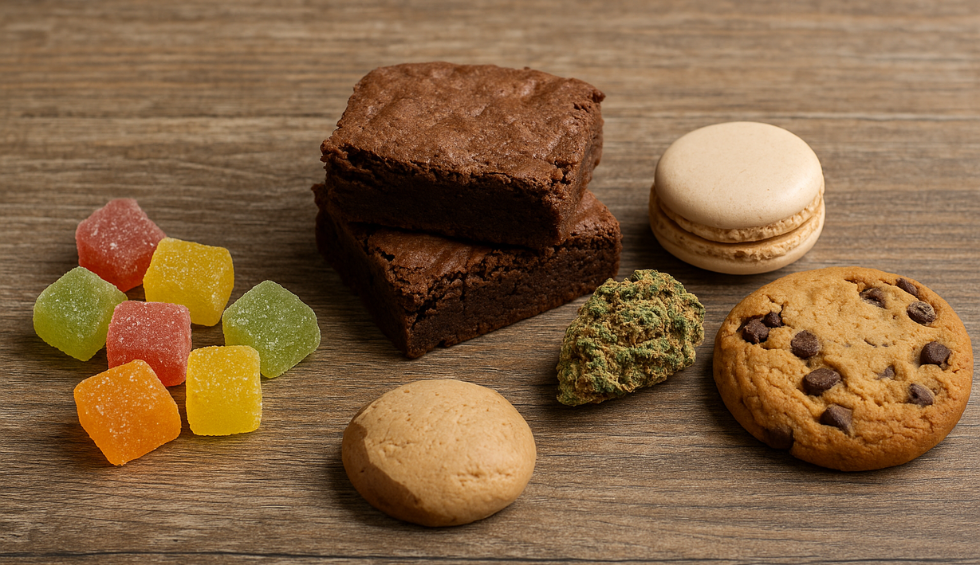 Assorted cannabis edibles including brownies, cookies, macarons, and colorful gummies on a wooden table