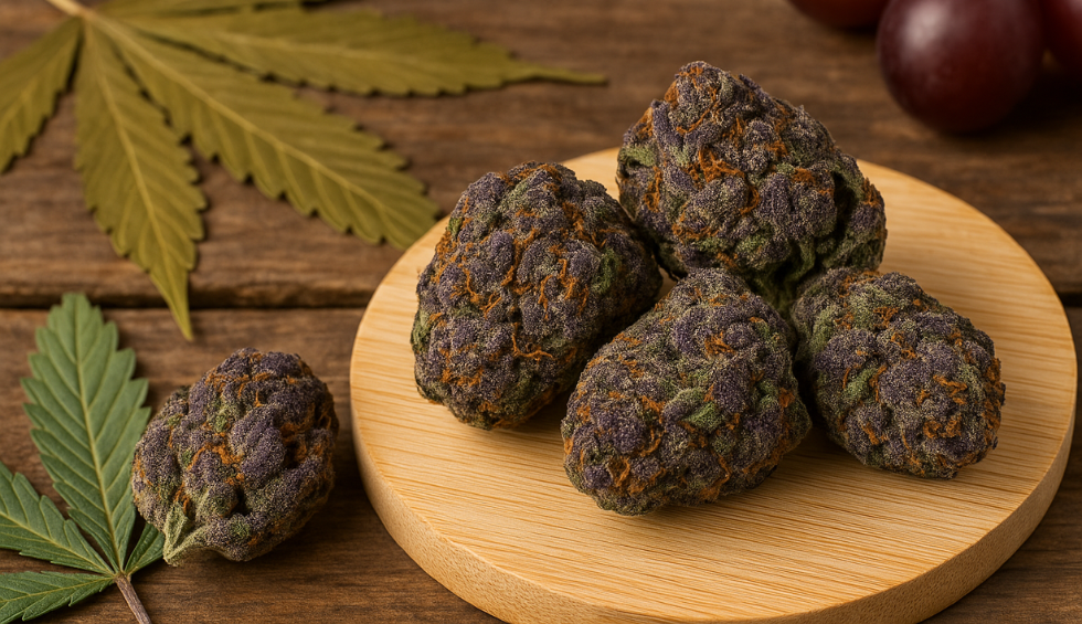 Close-up of Black Diamond cannabis buds with purple hues on a wooden plate and cannabis leaves in background