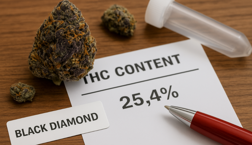 Black Diamond cannabis bud with paper showing THC content of 25.4% and a red pen on wooden table