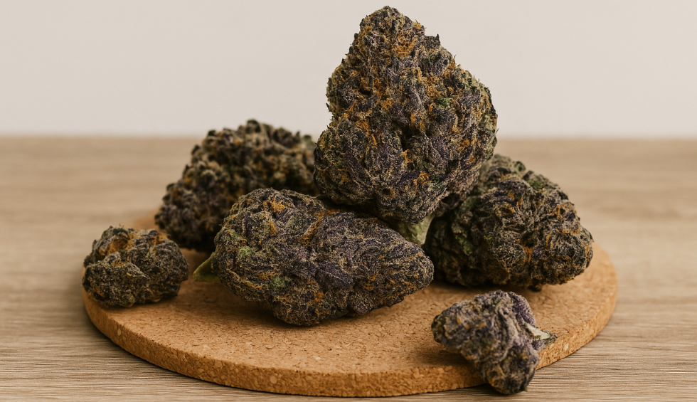 Black Diamond cannabis strain featuring dense purple-green buds on a cork mat, ideal for relaxed evening sessions