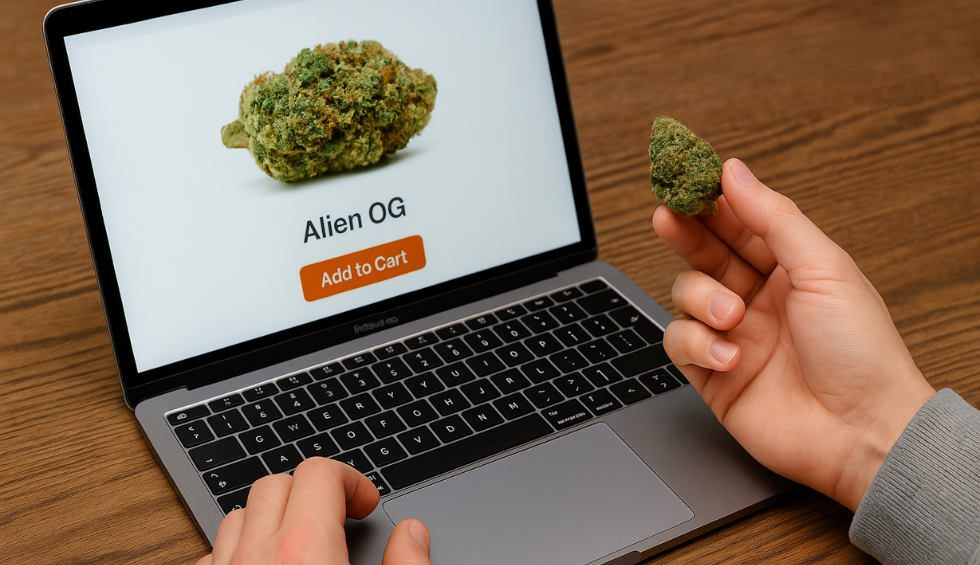 Person holding a cannabis bud while shopping online for Alien OG strain on a laptop with an ‘Add to Cart’ button displayed