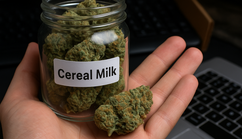 Hand holding a labeled jar of Cereal Milk cannabis buds beside a laptop, suggesting easy online dispensary purchase