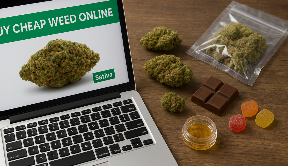 Laptop showing “Buy Cheap Weed Online” with cannabis buds, chocolate, gummies, and concentrate on a wooden table