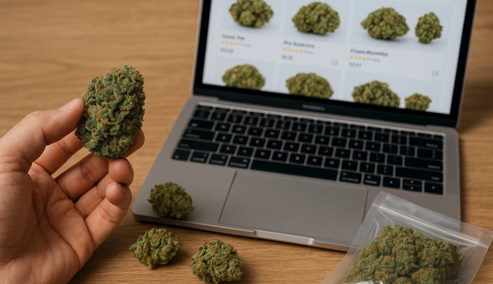 Hand holding Monkey Grease cannabis bud near laptop showing online store listings with more buds and a sealed bag on the table