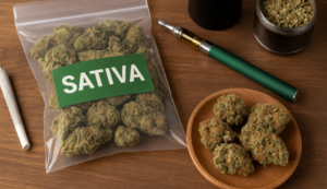 Close-up of vibrant sativa cannabis buds on a wooden table, highlighting top strains to buy online in Canada