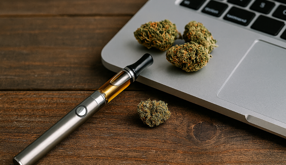 Weed vape pen with cannabis buds placed beside a laptop, suggesting convenient online purchase of vape pens