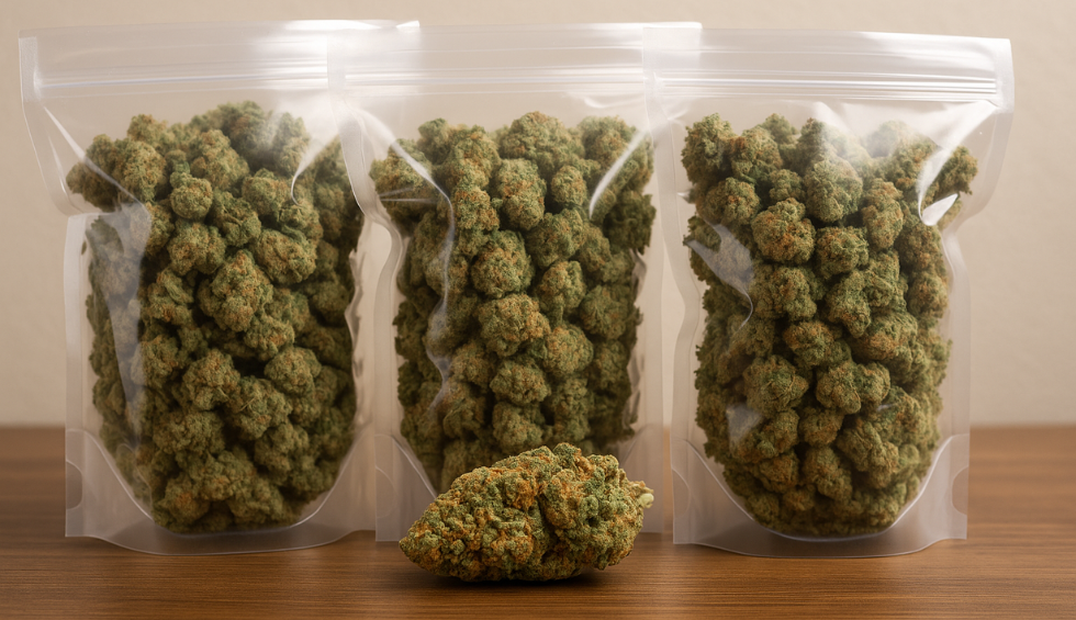Large sealed bags filled with cannabis buds on a wooden table, illustrating the benefit of buying weed in bulk