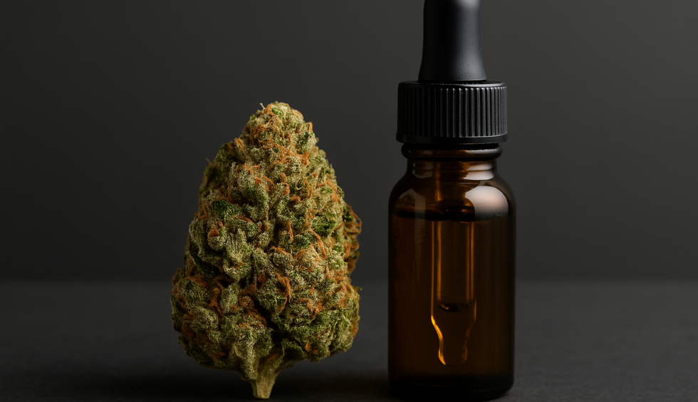 CBN cannabis bud beside a dark amber dropper bottle on a black background