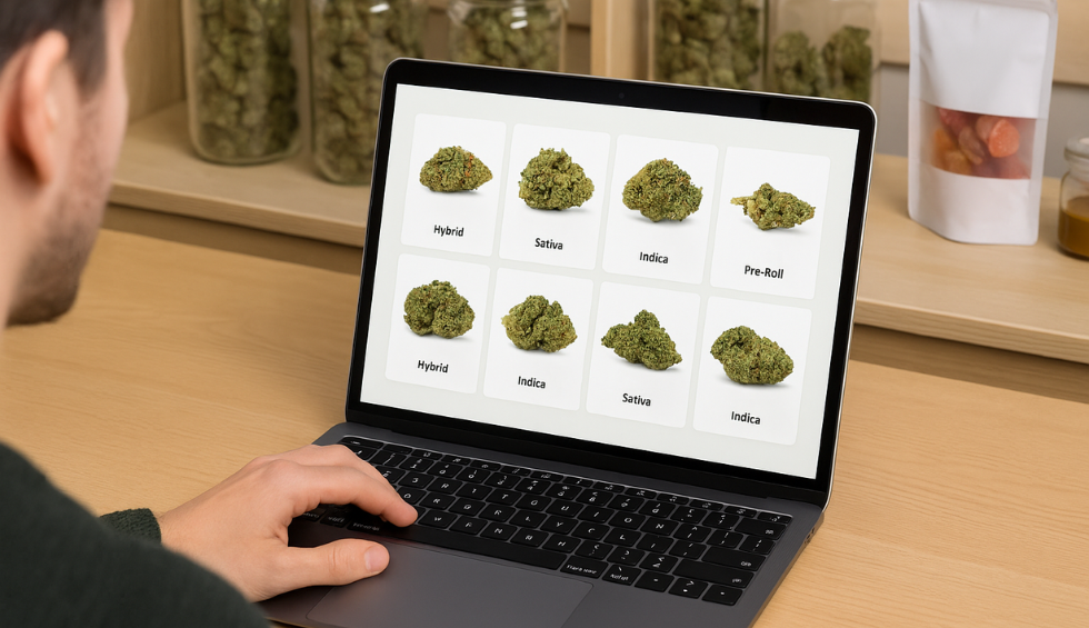 Person browsing cannabis dispensary website on laptop comparing hybrid, sativa, and indica options for quality