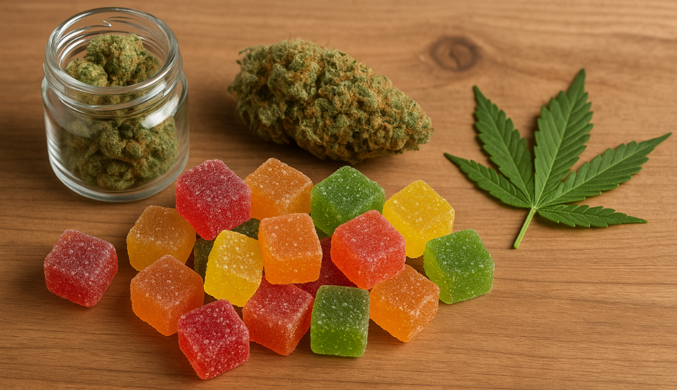 Assorted colorful cannabis gummies with marijuana buds in a jar and a fresh cannabis leaf on a wooden surface