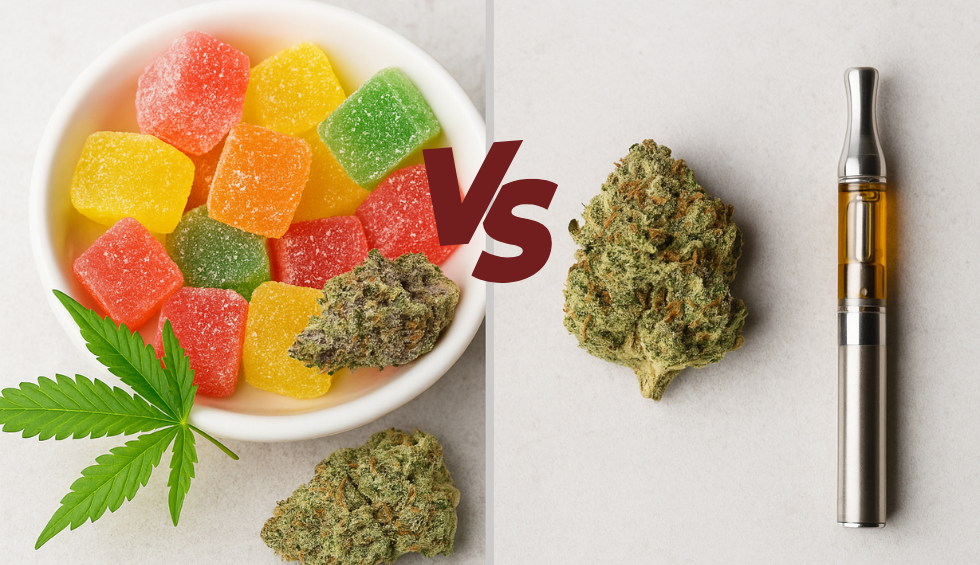 Side-by-side comparison of colorful cannabis gummies with marijuana buds and a vape pen, highlighting edibles versus vaping