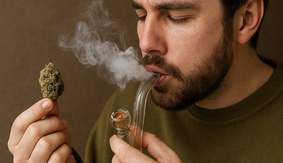 Man exhaling smoke while using a glass pipe and holding a Cereal Milk cannabis bud in his other hand