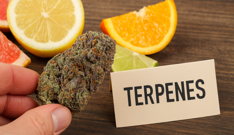 Hand holding a colorful Cereal Milk cannabis bud near citrus slices and a card labeled “Terpenes” on a wooden table