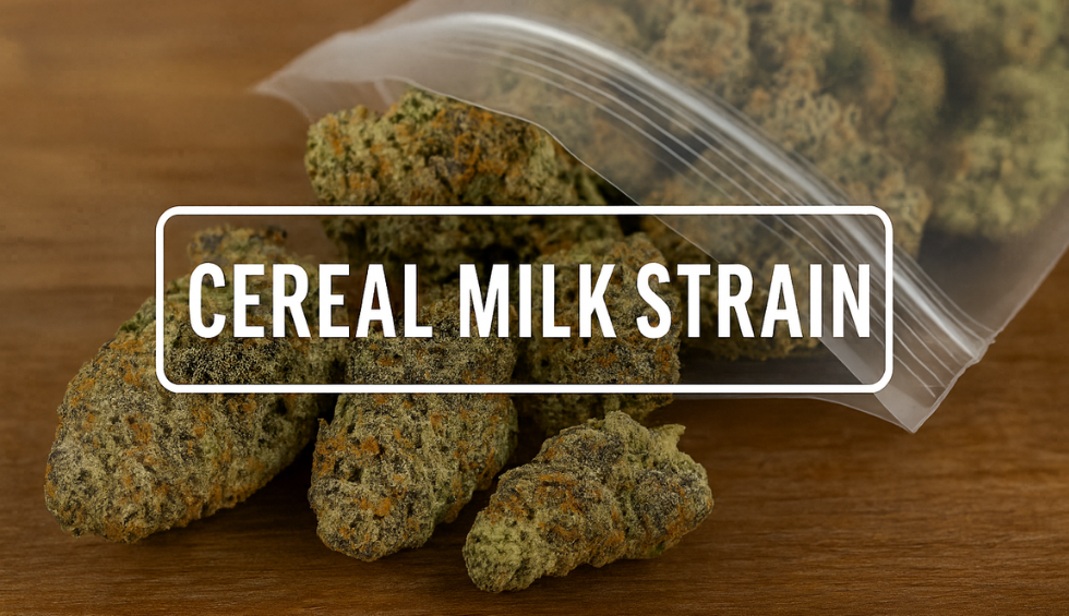 Cereal Milk cannabis buds spilling from a resealable bag with bold text overlay reading “Cereal Milk Strain”