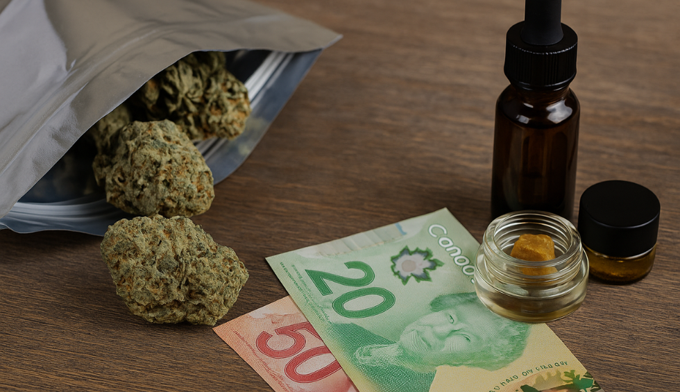 Cannabis buds, oils, and Canadian dollar bills arranged on a wooden table, suggesting affordable weed options in Canada