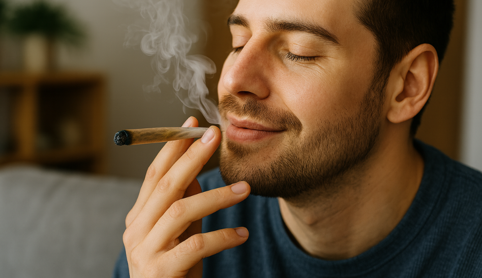 Smiling man with eyes closed enjoying the relaxing effects of smoking a lit cannabis joint indoors