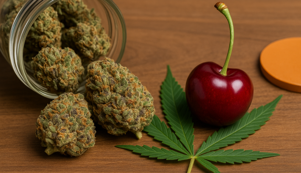 Jar of Cherry Pie cannabis buds spilled on a wooden table with a fresh cherry and cannabis leaf