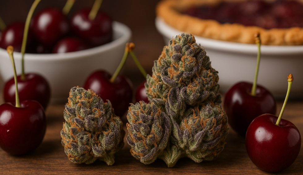 Cherry Pie strain buds with rich purple hues surrounded by fresh cherries and a cherry pie in the background