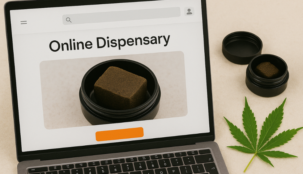 Laptop displaying online dispensary with cannabis hash jar and leaf nearby for choosing trusted Canadian source