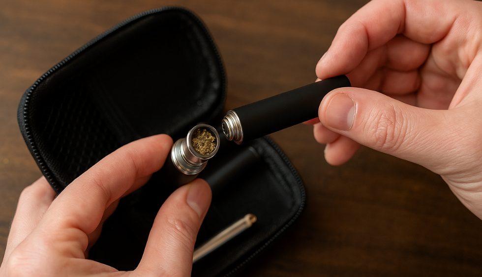 Hands opening a weed vape pen to reveal packed cannabis inside, with a carrying case on a wooden table
