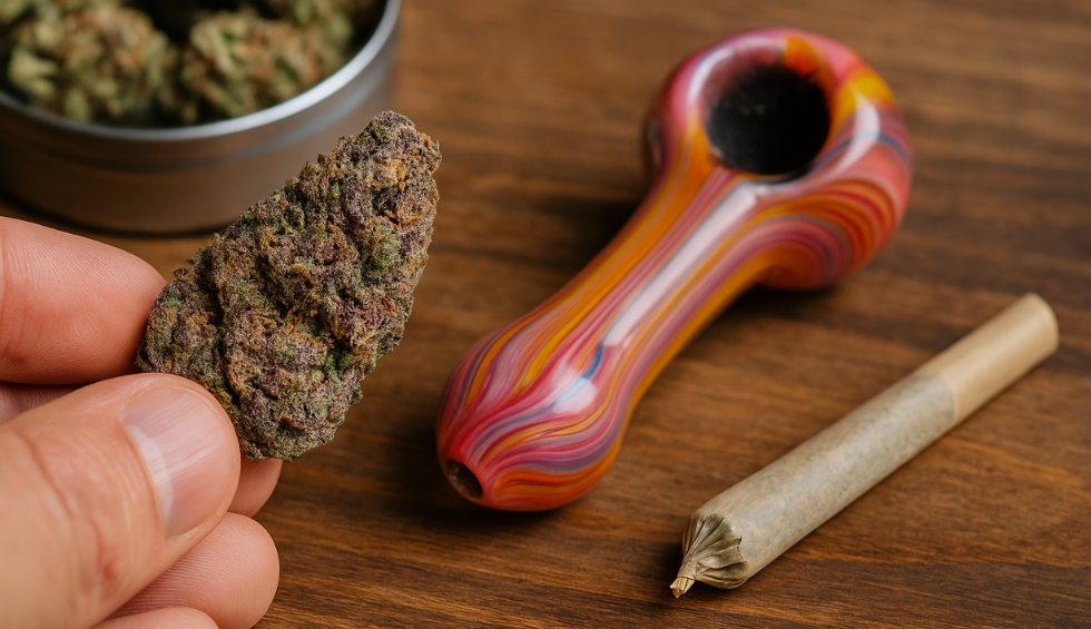 A hand holding a colorful purple cannabis bud with a glass pipe and pre-rolled joint on a wooden table