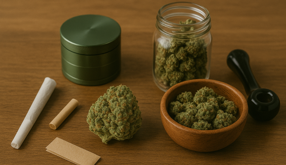 Selection of cannabis buds, jar, grinder, and smoking accessories on a wooden table, symbolizing time to find your perfect ganja strain