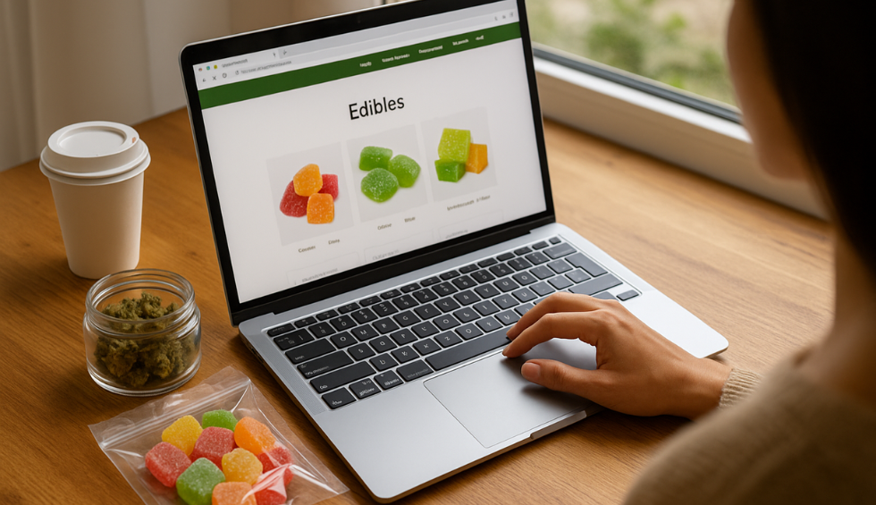 Person browsing cannabis edibles on laptop with jar of buds and gummies nearby, ready to order online in Canada