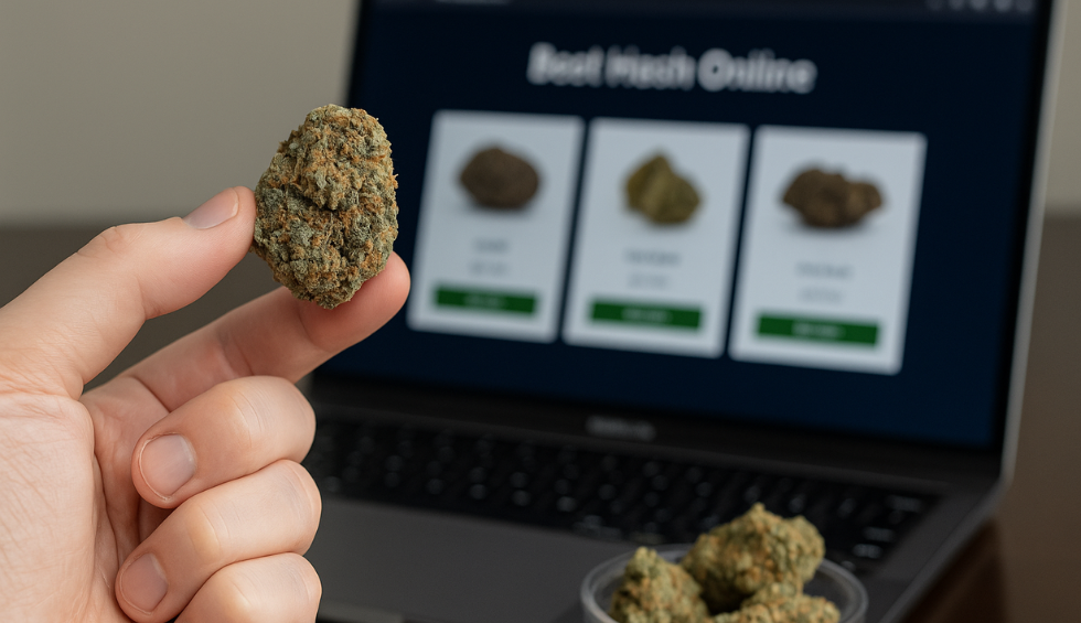 Hand holding a cannabis bud with a laptop in the background displaying best hash online product options and prices