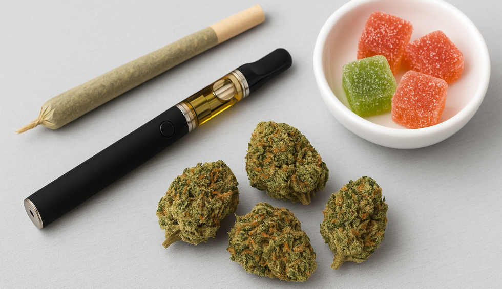 Assorted cannabis consumption formats including vape pen, pre-roll, edibles, and dried buds on light surface