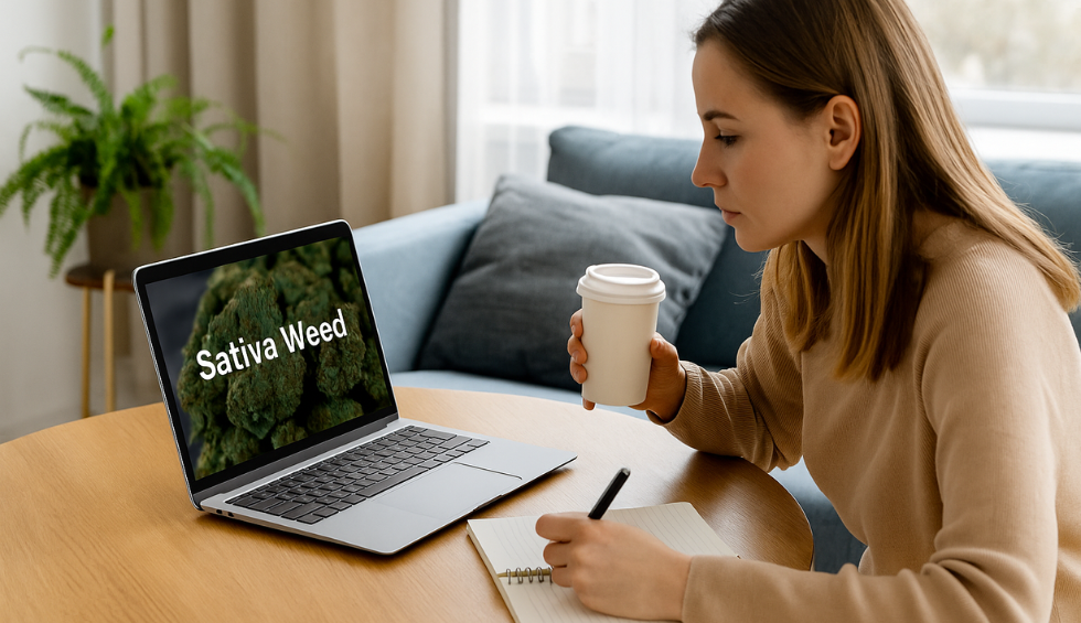 Woman taking notes with coffee cup while researching “Sativa Weed” on a laptop at home, highlighting convenient access