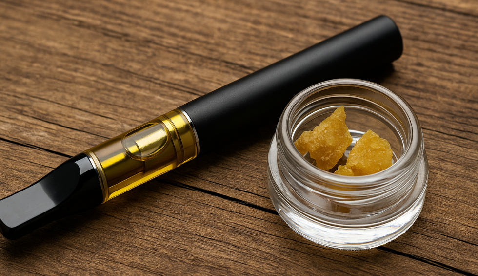 Black Dab Pen and a small glass jar with golden cannabis concentrate on a rustic wooden surface