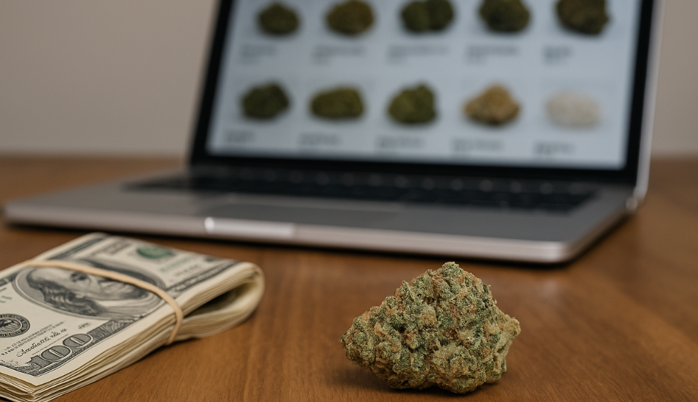Cannabis bud placed beside cash with a laptop displaying online weed deals in the background