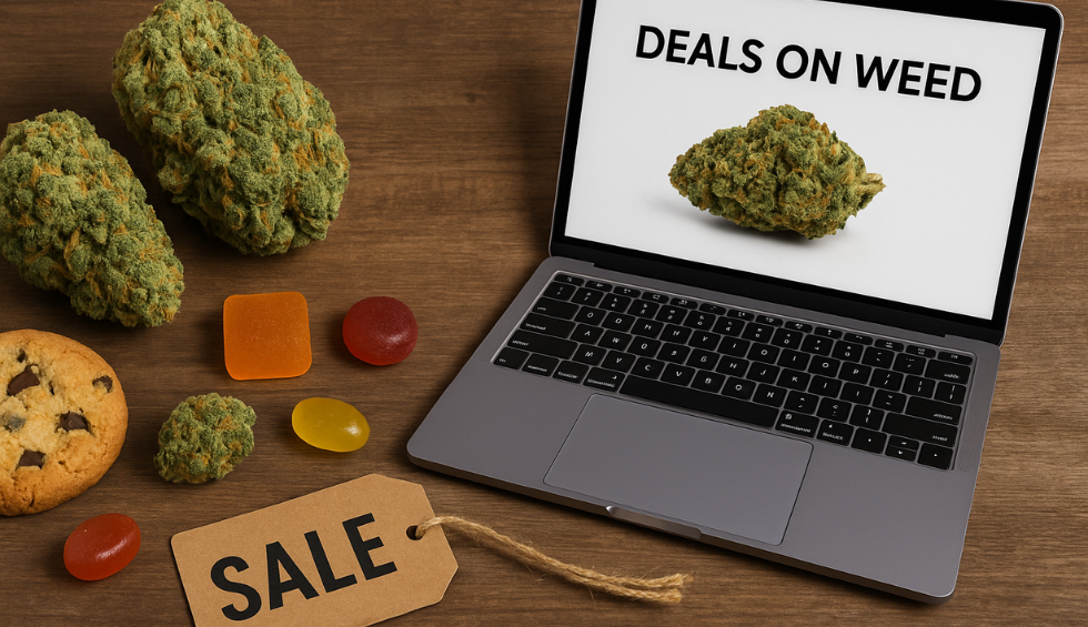 Laptop showing “Deals on Weed” beside cannabis buds, gummies, and a cookie on a wooden table with a sale tag