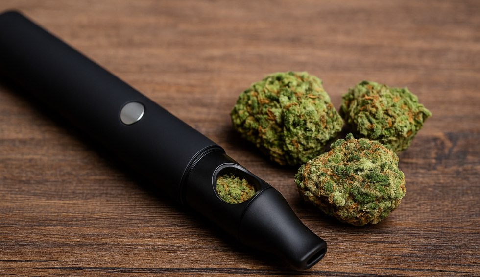 Dry herb weed vape pen filled with ground cannabis next to fresh cannabis buds on a wooden surface