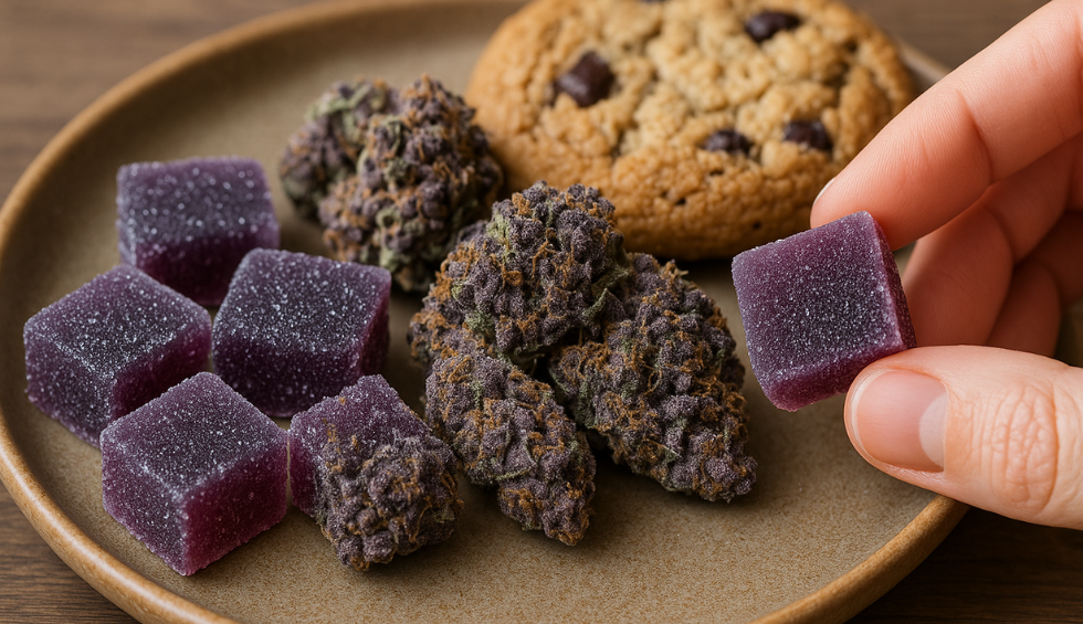 Plate with purple cannabis gummies, buds, and chocolate chip cookie showing edibles made from purple strains
