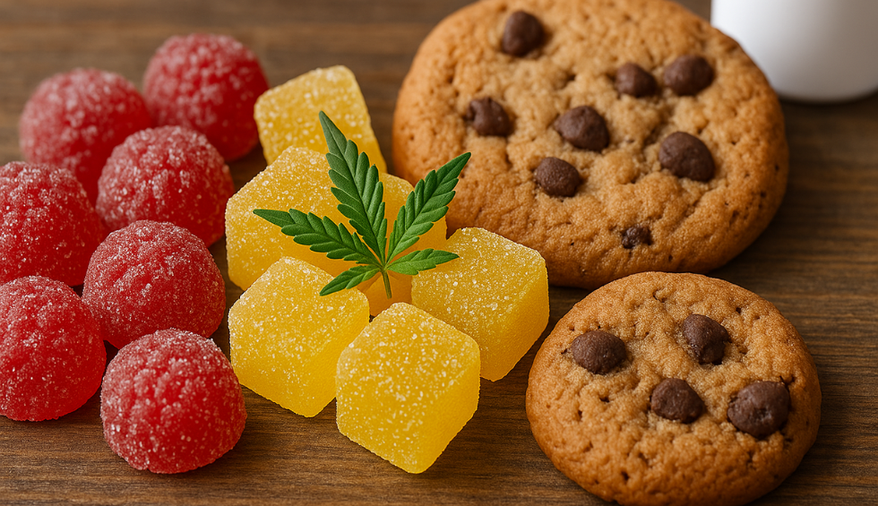 Assorted cannabis edibles including red and yellow gummies and chocolate chip cookies on a wooden table