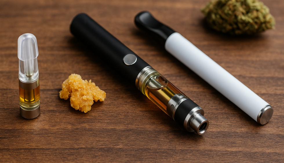 Variety of weed vape pens, cartridges, and concentrates on a wooden surface, illustrating different vape pen types and options