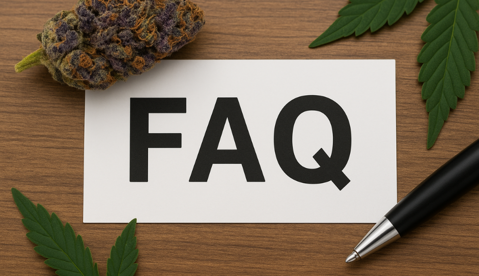 FAQ card on wooden table with a Black Diamond cannabis bud, green leaves, and a black pen nearby