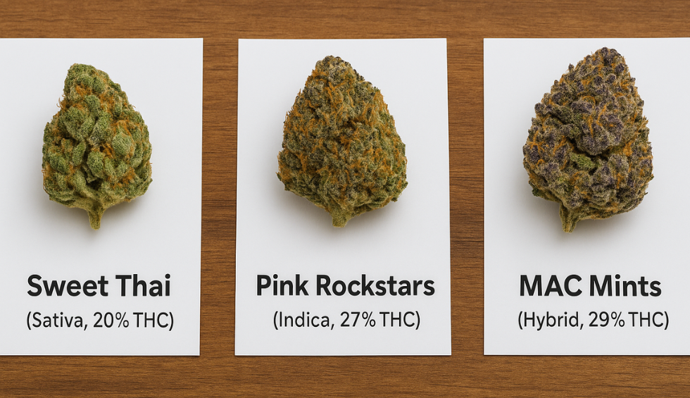 Three cannabis buds labeled Sweet Thai 20% THC, Pink Rockstars 27% THC, and MAC Mints 29% THC displayed on cards